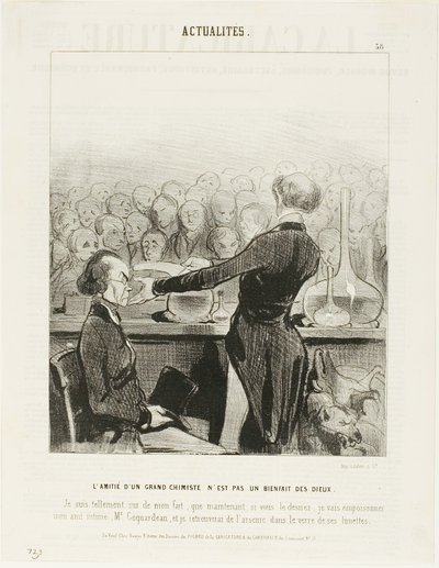 Vriendschap met een groot chemicus is niet altijd een godsgeschenk... "Ik ben zo zeker van mijn bevindingen dat ik nu mijn beste vriend, meneer Coquardeau, zal vergiftigen en arsenicum in zijn bril zal terugvinden," plaat 39 uit Émotions Parisiennes door Honoré Victorin Daumier
