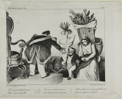 "Van uw gehoorzame onderdanen ontvangt u op uw eredag deze twee bescheiden bossen bloemen. Ze zullen u verheugen, want alleen het Franse volk heeft de kosten op zich genomen." plaat 486 door Honoré Victorin Daumier