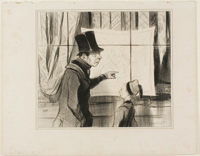 Geogafische sjaals. "Kijk Dodolphe, dit is echt het laatste offer dat ik doe voor je opleiding... als je nog steeds je aardrijkskunde niet goed snapt, betekent het dat je helemaal verstopt zit... deze keer steek ik je neus erin. Om te beginnen hoef je alle door Honoré Victorin Daumier