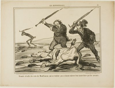 Grote opstand van de ratten van Montfaucon die niet willen dat hun voer wordt afgepakt door wetenschappers, plaat 12 uit Les Hippophages door Honoré Victorin Daumier