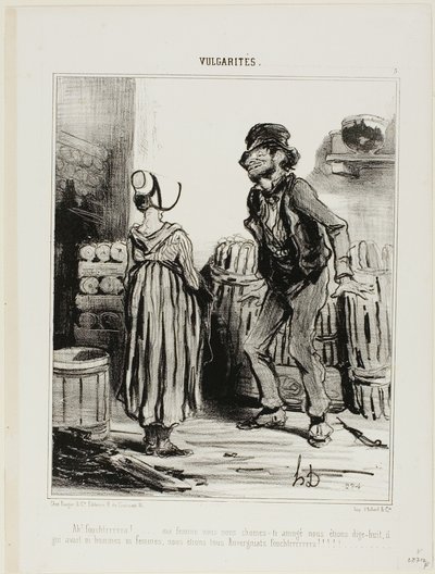 "Ha! Dammmmmnit vrouw... wat hadden we een lolnn toen we achttien waren.... geen mannen geen vrouwen..... alleen wij mensen uit Auvergne," plaat 5 van Vulgarités door Honoré Victorin Daumier