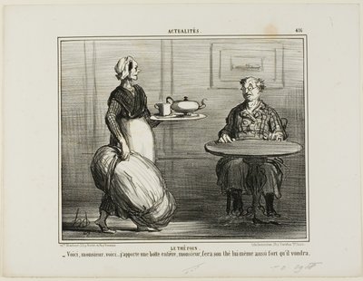Kruidenthee. "- Alstublieft, meneer, ik dacht ik neem het hele pak hooi mee zodat u zelf kunt beslissen over de sterkte van uw thee," bord 416 van Actualités door Honoré Victorin Daumier