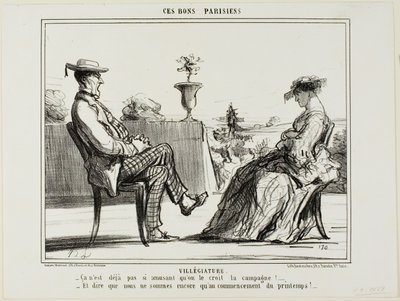 Vakantie op het platteland. "- Het leven op het platteland is echt niet zo vermakelijk, zoals ze allemaal zeggen. - En dan te bedenken dat de lente nog maar net begonnen is," plaat 14 uit Ces Bons Parisiens door Honoré Victorin Daumier