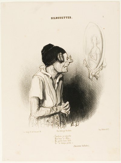 "Wat heb ik een spijt. My arms once so strong, my legs never fat and nothing went wrong" (een oud liedje), plaat 1 uit Silhouettes door Honoré Victorin Daumier
