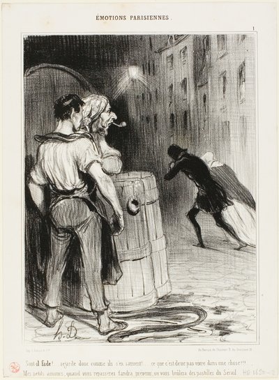 "Hoe dom! Kijk maar hoe ze rennen. Dat krijg je als je op de verkeerde plek bent. Wacht maar af! Vertel het ons de volgende keer van tevoren en we zullen goed voor je zorgen...," plaat 1 uit Émotions Parisiennes door Honoré Victorin Daumier