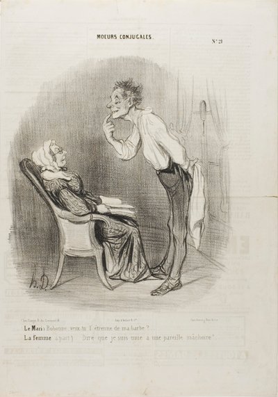 Echtgenoot: "Mijn liefste, wat dacht je van een eerste kus op mijn kin" De vrouw (terzijde): "En dan te bedenken dat ik met dit gezicht getrouwd ben!", plaat 21 uit Moeurs Conjugalesa door Honoré Victorin Daumier