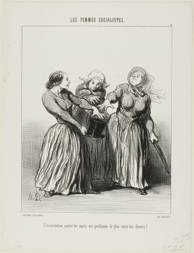 Opstand tegen echtgenoten wordt uitgeroepen tot de eerste en heiligste plicht in het leven!, plaat 1 uit Les Femmes Socialistes door Honoré Victorin Daumier
