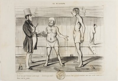 "Het is belangrijk voor een man om te weten hoe hij moet zwemmen. Om te beginnen doet hij het zo slecht nog niet. Je zou kunnen denken dat het een vis is, tenminste zolang hij aan het koord vastzit. Maar hij leert het wel... hij is nog jong!", plaat 5 uit  door Honoré Victorin Daumier
