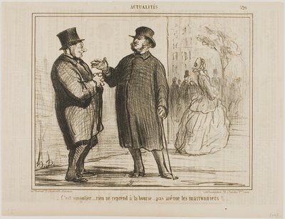 Het is vreemd: niets trekt aan op de beurs, zelfs de kastanjebomen niet!, plaat 520 van Actualités door Honoré Victorin Daumier