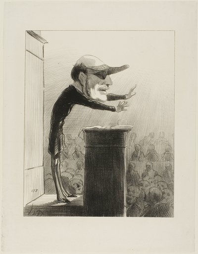 Jules de L (ook bekend als Lasteyrie de Argandlamp). Voormalig lid van de oppositie, nu vijand van het licht... verblind door de plotselinge verschijning van de zon van de Republiek, draagt Jules de Lasteyrie nu de oogschaduw van de Constitutionnel, plaat  door Honoré Victorin Daumier