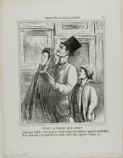 Kijken naar het schilderij van Manet. "Waarom heet die dikke vrouw met haar rode gezicht in haar nachthemd Olympia - Maar lieverd, misschien is dat de naam van de zwarte kat," plaat 9 uit Croquis Pris Au Salon par Daumier door Honoré Victorin Daumier