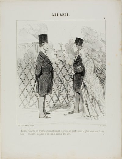 Madame Cabassol maakt een romantische wandeling in de botanische tuinen samen met de jongste vriend van haar man. Plotselinge ontmoeting met de laatste niet ver van een hert, plaat 4 uit Les Amis door Honoré Victorin Daumier