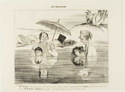 Madame Greluche: "Oh, Gustave, wat goed! Een echte weldadige warmte! Kijk naar onze zoon Loulou; wat een schattig gezichtje trekt hij!" Meneer Greluche: "En Pyramus, hij is bang, bang als een hond. Als je eens wist wat hij nu aan het doen is, de kleine deu door Honoré Victorin Daumier