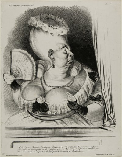 Juffrouw Etienne-Mona-Lisa-Cunégonde-Silly Goose van de Constitutionnel, verontwaardigd, verstikkend en over-ornaat over het optreden van Anthony waarin de ondeugende Dumas het onfatsoen had om de adellijke familie Silly Goose van de Constitutionnel te bes door Honoré Victorin Daumier