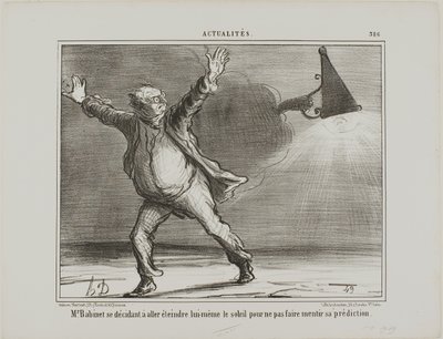 Monsieur Babinet besluit persoonlijk de zon uit te schakelen zodat zijn voorspellingen uitkomen, plaat 386 uit Actualités door Honoré Victorin Daumier