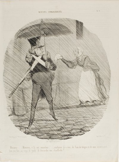 "Monsieur, Monsieur, hier is uw zakdoek. Madame heeft er wat Eau de Cologne op gedaan en ze zei dat u bij de bewaker moest vragen of u een voetenwarmer kon krijgen," plaat 47 uit Moeurs Conjugales door Honoré Victorin Daumier