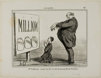 Mr. Prudhomme die zijn zoon opdraagt aan de nieuwe God van de Parijzenaars, plaat 366 uit Actualités door Honoré Victorin Daumier