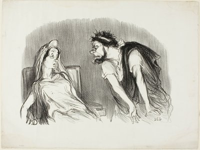 Oedipe. "- Toen mijn zwaard in zijn bloedende hart sneed - U beeft Madame - Toen viel de wereld uit elkaar," plaat tien uit Physionomies tragiques door Honoré Victorin Daumier