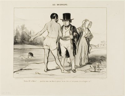 "Pardon, burgemeester ...., wilt u zo vriendelijk zijn om mij te vertellen of zwemmen hier is toegestaan", bord 25 van Les Baigneurs door Honoré Victorin Daumier