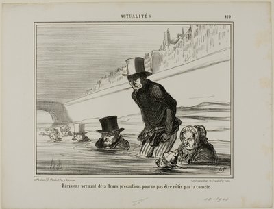 Parijzenaars nemen nu al voorzorgsmaatregelen om niet geroosterd te worden door de komeet, plaat 410 uit Actualités door Honoré Victorin Daumier