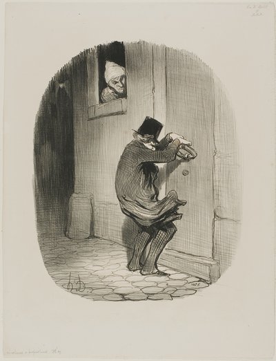 Past Midnight, plaat 19 van Locataires et Propriétaires door Honoré Victorin Daumier