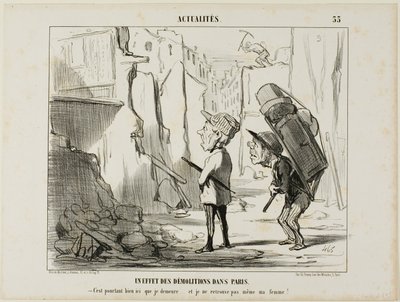 Resultaat van het slopen van gebouwen in Parijs. "- Hier woonde ik tenslotte .... en ik kan zelfs mijn vrouw niet meer vinden," bord 55 van Actualités door Honoré Victorin Daumier
