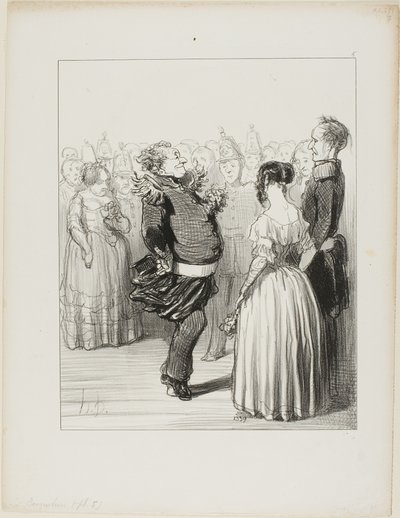 Rifolard opent de bal en voert een gedurfde danspas naar voren uit, die alom wordt geprezen, bord 5 van Les Banqueteurs door Honoré Victorin Daumier