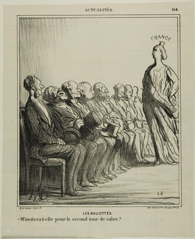 Run-Off Verkiezingen. "Zal ze me uitnodigen voor een tweede wals", bord 114 van Actualités door Honoré Victorin Daumier