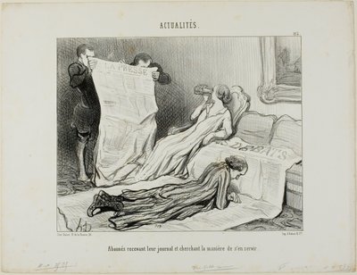 Abonnees Tyring to Cope with their Paper, plaat 115 van Actualités door Honoré Victorin Daumier