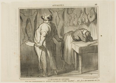 De wanhoop van de slager. "- Stel je voor: Iedereen kan zich als slager vestigen! Ah! Er zijn momenten dat ik zin heb om mijn vleeshakmes te pakken en mezelf in twee helften te snijden als een simpel kalfsvlees," plaat 458 uit Actualités door Honoré Victorin Daumier