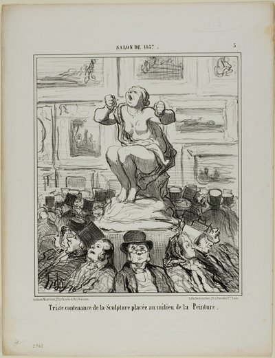 Het ongenoegen van een sculptuur geplaatst in het midden van een tentoonstelling van schilderijen, plaat 5 uit Salon De 1857 door Honoré Victorin Daumier