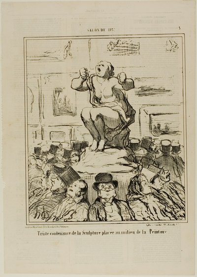 Het ongenoegen van een sculptuur geplaatst in het midden van een tentoonstelling van schilderijen, plaat 5 uit Salon De 1857 door Honoré Victorin Daumier