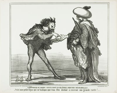 De keizer van Marokko in overleg met de beroemde magiër Desbarolles. "- Deze kleine lijn hier geeft voor mij aan dat je een koninklijke aframmeling gaat krijgen!", plaat 126 uit Actualités door Honoré Victorin Daumier