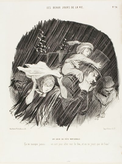 De avond van de nationale feestdag. Het mislukt nooit... je gaat naar buiten om naar het vuurwerk te kijken en het enige wat je krijgt is waterwerk!, plaat 20 uit De beste dagen in het leven door Honoré Victorin Daumier