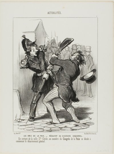 De Vrienden van de Vrede - Resultaat van een toespraak van Coquerel. Bij het verlaten van de wijk Saint Cécilia besloot een lid van het vredescongres tot een algemene ontwapening, plaat 7 uit Actualités door Honoré Victorin Daumier