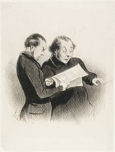 De geïllustreerde Rebus. "Bijzonder! Ik kan de rebus in de Charivari van vandaag niet raden! - Ik denk dat ik één woord heb - ik heb meerdere woorden - ik heb alles! Ik moet rennen en het mijn vrouw vertellen," plaat 39 uit Les Beaux Jours De La Vie door Honoré Victorin Daumier
