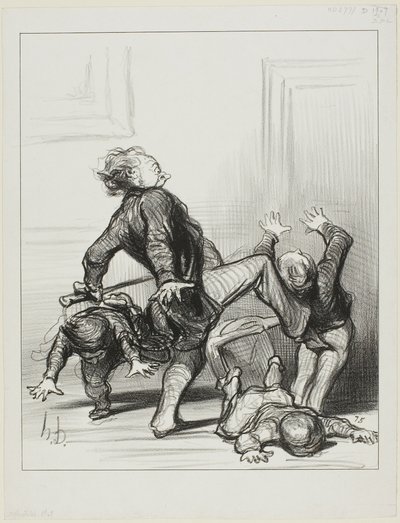 De invloed van het Vredescongres. "Oh jullie schurken, jullie vechten weer... jullie weten nog steeds niet dat de mens in vrede moet leven en meester over zichzelf moet zijn," plaat 8 uit Actualités door Honoré Victorin Daumier