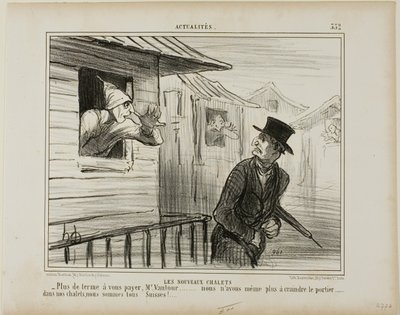 De nieuwe blokhuizen. "- Geen huur meer te betalen, Monsieur Vautour... en we zijn niet meer bang voor de conciërge ..... in onze chalets zijn we allemaal Zwitsers," plaat 332 uit Actualités door Honoré Victorin Daumier