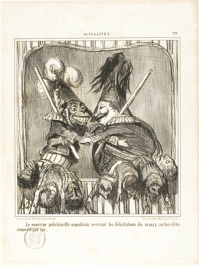 De nieuwe Napolitaanse hansworst. De felicitaties van de DEVIL ontvangen in plaats van door hem te worden weggevoerd, plaat 229 van Actualités door Honoré Victorin Daumier