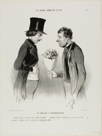 De openingsavond! "Wat! Zelfs mijn portier biedt me bloemen aan!... Zegen mijn ziel, deze komedie gaat me een fortuin kosten... Ik begin er spijt van te krijgen dat hij niet helemaal van het toneel is verdwenen," plaat twaalf uit Les beaux jours de la vie door Honoré Victorin Daumier