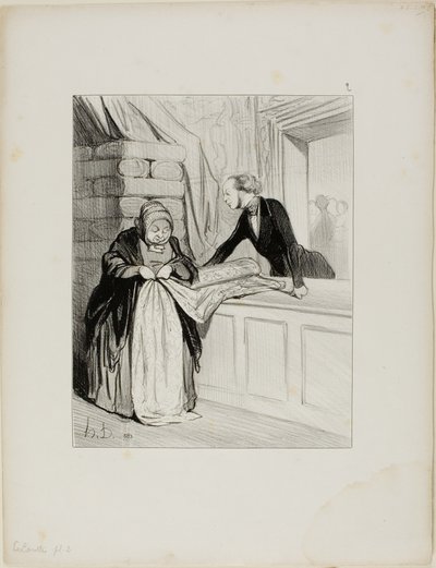 De bedrieger van de verkoper. - Een ontwerp uit de mode. "Dit soort stof heeft een verrukkelijke tint; Madame is de eerste aan wie ik het heb laten zien.... al onze jonge vrouwen zullen elkaar er kapot voor scheuren. Wat een charmant ontwerp .... het zou p door Honoré Victorin Daumier