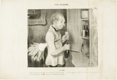 De smaak. "Wauw, het verbaast me niets meer dat deze kerel zo temperamentvol is... en hij noemt me een oud beest! Laat me er elke ochtend zo eentje nemen, dan ben ik ook vol goede moed," bord 40 van Types Parisiens door Honoré Victorin Daumier