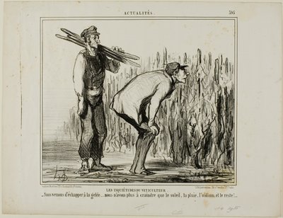 De zorgen van een wijnboer. "- We zijn ontsnapt aan de vorst..... we hoeven ons nu alleen nog maar zorgen te maken over de zon, de regen, de wijnruit en al de rest...," bord 397 uit Actualités door Honoré Victorin Daumier