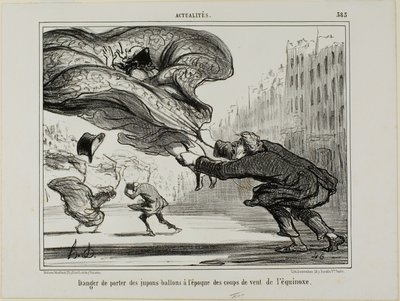 Het gevaar van het dragen van hoepelrokken tijdens een plotselinge lentestorm, plaat 26 uit La Crinolomanie door Honoré Victorin Daumier