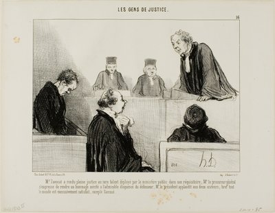 De verdediging complimenteert het talent van de aanklager, terwijl de procureur-generaal de welsprekendheid van de verdediging bewondert. De rechter applaudisseert voor beiden en iedereen is tevreden, behalve de beschuldigde, plaat 16 uit Les Gens De Justi door Honoré Victorin Daumier