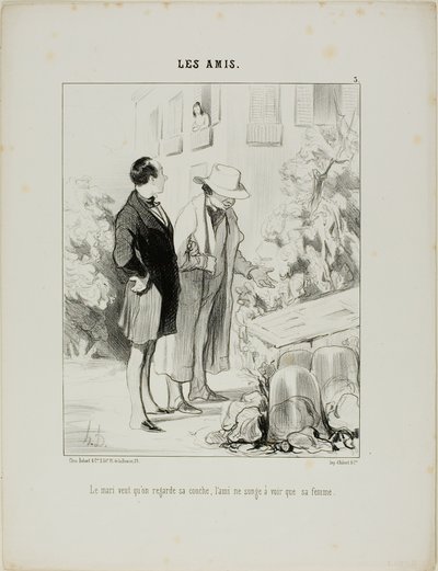 De man wil dat hij naar zijn broeinest kijkt, de vriend droomt er alleen maar van om zijn vrouw te zien, plaat 3 van Les Amisa door Honoré Victorin Daumier