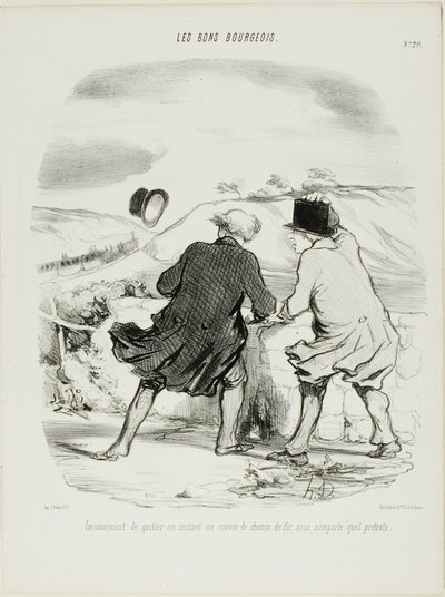Het ongemak om de trein te verlaten, al is het maar voor even en onder welk voorwendsel dan ook, plaat 29 uit Les Bons Bourgeois door Honoré Victorin Daumier