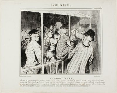 Theatervoorstellingen in Peking. De liefde voor het theater in Peking bereikt bijna absurde dimensies, en vreemd genoeg gaat het in alle toneelstukken over de vraag of meneer Alfred met juffrouw Josephine zal trouwen. Er is geen beter bewijs voor de domhei door Honoré Victorin Daumier