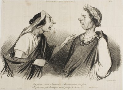 "Uw hand komt om Britannicus, uw broer, te doden. Ik voorzie dat uw slagen spoedig uw moeder zullen treffen," plaat 7 uit Physionomies Tragico-Classiques door Honoré Victorin Daumier