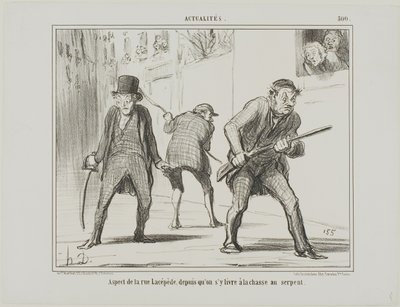 Gezicht op de rue Lacépède tijdens de jacht op een slang, plaat 500 uit Actualités door Honoré Victorin Daumier